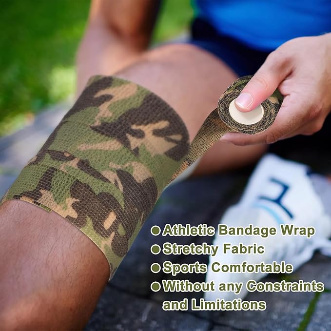 24 Pack Camo Self Adhesive Wrap, 2” x 5 Yards Vet Wrap Cohesive Camo Grip Tape Medical Wrap Self Adherent for Ankle, Wrist Sprains, Pet First Aid-PawvioPets