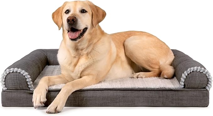 Furhaven Orthopedic Dog Bed for Large/Medium Dogs w/ Removable Bolsters & Washable Cover, For Dogs Up to 55 lbs - Luxe Faux Fur & Performance Linen Sofa - Charcoal, Large-PawvioPets