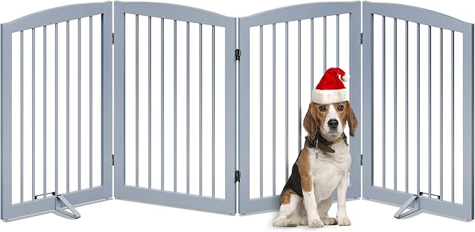 Freestanding Wooden Pet Gate - Foldable Indoor Dog Gate, 80 Inch Wide, 4 Panels, Grey-PawvioPets