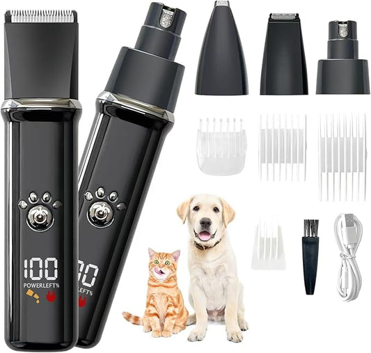 Dog Clippers Grooming Kit - Low Noise, Cordless Electric Trimmer with Nail Grinder for Dogs & Cats, 4 in 1 Rechargeable Clippers for Paws, Ears, Face and Matted Hair (Black)-PawvioPets