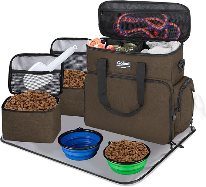 Dog Travel Bag Airline Approved–Pet Travel Tote with Collapsible Bowls,Food Containers & Feeding Mat–Multi-Pocket Organizer for Dogs & Cats, Durable & Water-Resistant for Hiking,Trips,Outdoors-PawvioPets