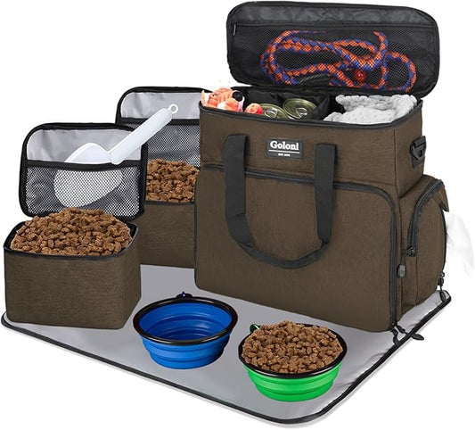 Dog Travel Bag Airline Approved–Pet Travel Tote with Collapsible Bowls,Food Containers & Feeding Mat–Multi-Pocket Organizer for Dogs & Cats, Durable & Water-Resistant for Hiking,Trips,Outdoors-PawvioPets