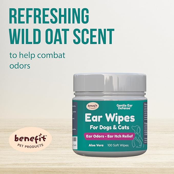 Benefit Pet Products Dog Ear Wipes - Ear Cleaner for Dogs to Prevent Infections, Itching & Odor - Aloe & Eucalyptus, Grooming Wipes - 100 Count-PawvioPets