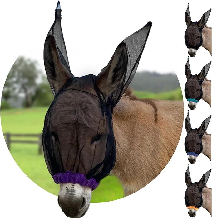 Donkey Fly Mask with Long Ears (Purple) Made in USA - Mule Fly Mask with Ears Protection from Insects and Bugs, Small Donkey Soft Mesh Fabric with Adjustable Fastener, Face Cover Supplies for Donkeys-PawvioPets