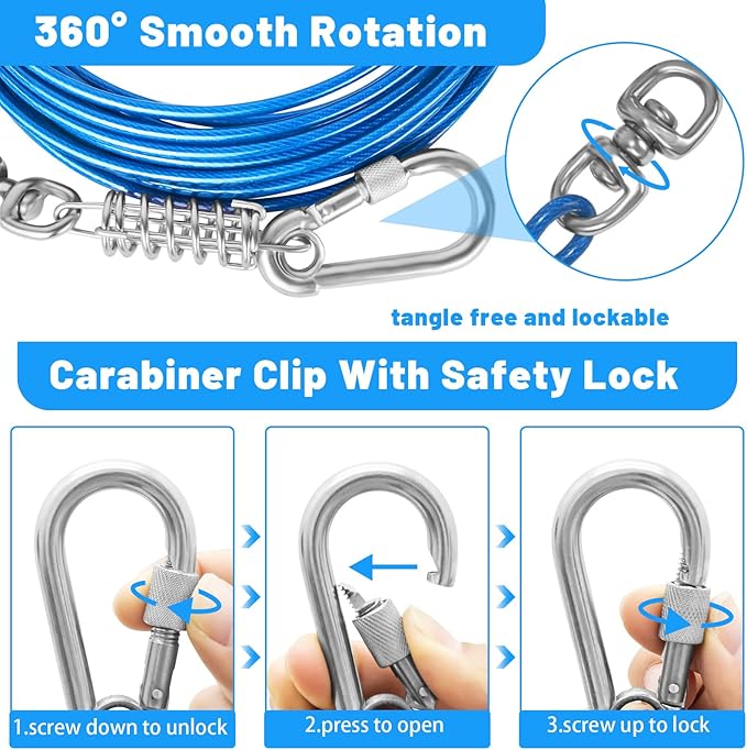 Dog Tie Out Cable 10/15/20/25/30FT Dog Run Cable Rosy Pink/Blue/Purple/Silver/Red/Green/YellowTie Out Cable for Large Dogs Heavy Duty for Outside Hold Large Dogs Up to 250LBS-PawvioPets