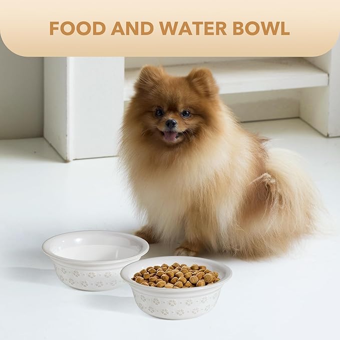 6.3inch Ceramic Set of 2 Dog Bowls, Food and Water Bowls for Small and Medium Dog, 2pcs Basic Dog Bowl, Wide Opening Rounded Edge (2 Bowls, Reactived Glaze -White)-PawvioPets