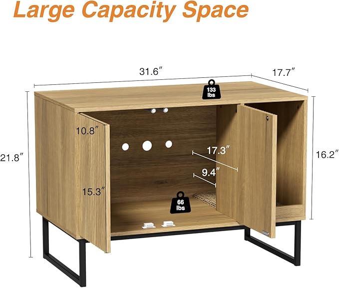 Cat Litter Box Enclosure, Fluted Hidden Litter Box Furniture with Scratch Pad and Metal Legs, Modern Enclosed Cat Cabinet, 31.5 x 17.7 x 21.7 Inches Indoor Pet House for Living Room, Washroom, Natural-PawvioPets