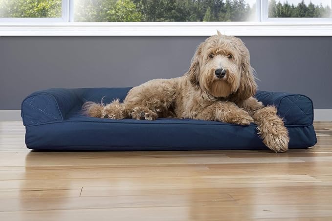 Furhaven Cooling Gel Dog Bed for Large/Medium Dogs w/ Removable Bolsters & Washable Cover, For Dogs Up to 55 lbs - Quilted Sofa - Navy (Blue), Large-PawvioPets