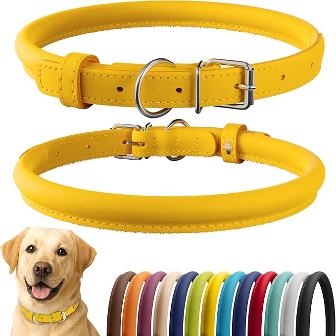 CollarDirect Rolled Leather Dog Collar, Soft Padded Round Puppy Collar, Handmade Genuine Leather Collar Dog Small Large Cat Collars 13 Colors (18-22 Inch, Yellow Smooth)-PawvioPets