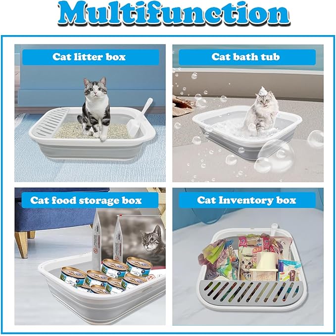 Collapsible Cat Litter Box,Open Potty Pan Cat Toilet Foldable Portable Cats Litter Box Travel Litter with Scoop,Waterproof Low Entrance for Kitten and Cat Toilet Easy Clean 17.7"×13.4"x4.9"(Grey)-PawvioPets