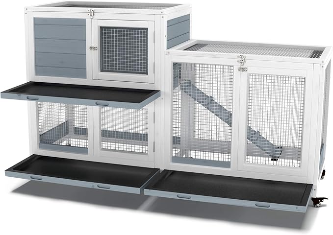 GDLF Two Floors 58" Wooden Indoor Bunny Hutch Rabbit Cage on Wheels Guinea Pig PET House for Small to Medium Animals Waterproof No Leak Tray-PawvioPets