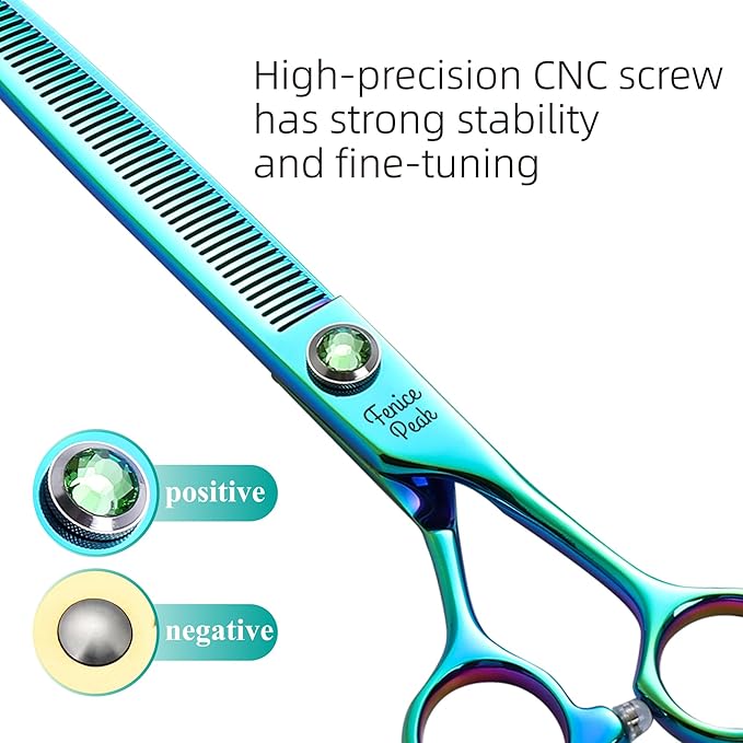 Fenice Peak 7'' Green Thinning Dog Grooming Scissors Pet Shears with Ergonomic Offest Handle and Simulated Emerald Screw 440C Grooming Scissors Trimming Shears Durable and Sharp-PawvioPets