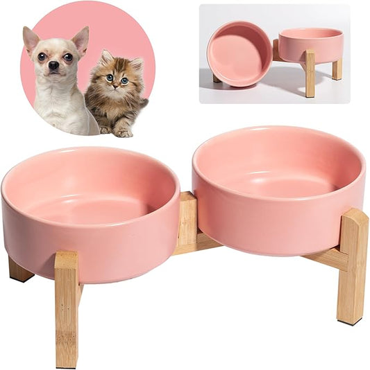 Elevated Ceramic Dog Bowl Set - Raised Feeding Bowls with Non-Slip Bamboo Stand - Small Pet Dishes for Food and Water - Ideal for Cats and Puppies - 16.23 OZ - 2 Cups - 480 ML-PawvioPets