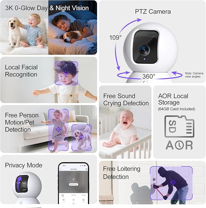 3K Pet/Dog Camera Indoor w/Phone App, No Monthly Fee 64GB Local Storage & AI Tracking Face ID, 2.4/5GHz WiFi Cameras for Home Security Baby Monitor, Pan/Tilt, 2-Way Talk-PawvioPets