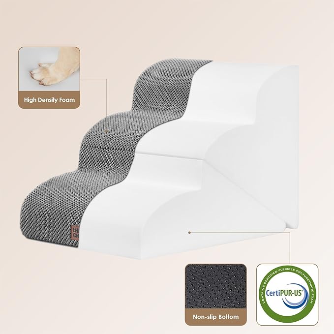 EHEYCIGA Curved Foldable Dog Stairs Ramp for Small Dogs 16" H, 3-Step Dog Steps for Couch Sofa and Chair, Pet Stairs for Cats, Non-Slip Balanced Pet Steps Indoor, Grey-PawvioPets