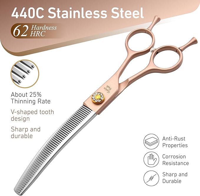 Fenice Peak Professional Curved Thinner Dog Grooming Scissors 7.0'' Rose Gold Thinning Shears Extremely Sharp Blades 440C Stainless Steel Thinning Shears Durable Smooth Fine Cut for Dogs and Cats.-PawvioPets