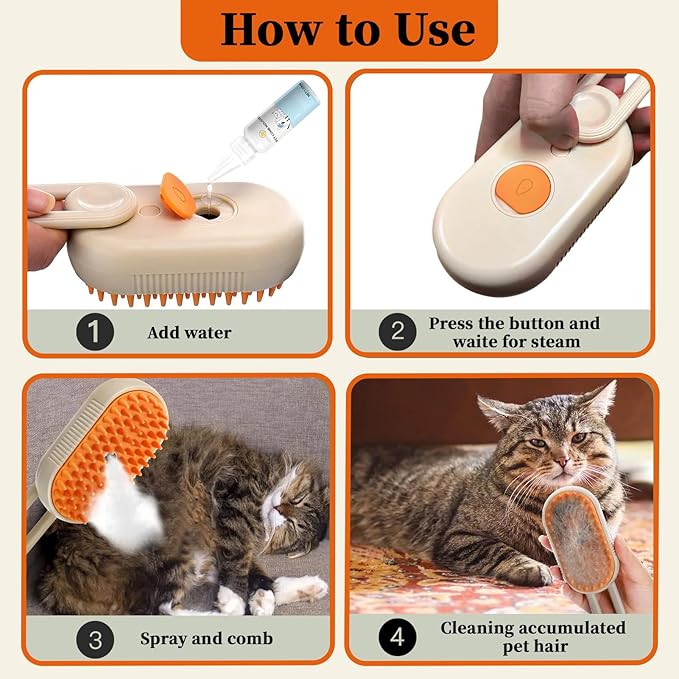 4-in1 Cat Steam Brush for Shedding & Grooming, Spray Hair Removal Comb with 1 Waterless Shampoo, Cat Brush for Massage, Pet Grooming Comb Hair Removal Tool for Cats and Dogs-PawvioPets