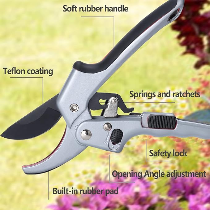 Garden clippers, premium Germany pruners, Work 3 times easier, professional ratchet pruning shears, cutting rose, flower, hedge, stem, tree, Sharp gardening scissors, Arthritis weak hand snips-PawvioPets
