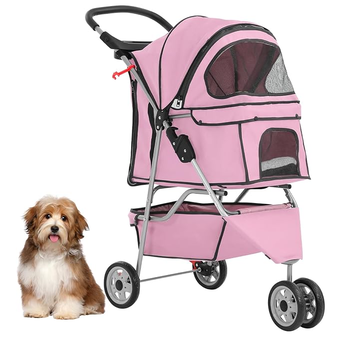 3-Wheels Pet Strolling Cart for Small Medium Dogs and Cats with Storage Basket,Holder, Foldable Pet Stroller with Waterproof Cover, Breathable Mesh for All-Season, Pink-PawvioPets