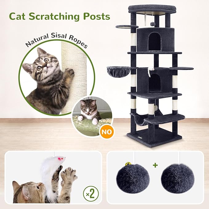Globlazer Corner Cat Tree for Large Cats, 66inch Tall Curved Series Large Cat Tower for Multiple Indoor Cats with 6 Scratching Posts, 2 Spacious Cat Condos, Hammock, Hanging Basket, C66, Dark Grey-PawvioPets