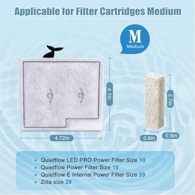 12 Pack Medium Filter Cartridges+ 8 Pack Ammonia Reducer Filter Pads Compatible with Aqueon QuietFlow LED PRO Power Filter Size 10 & E Internal Power Size 20 & Zilla Size 20-PawvioPets