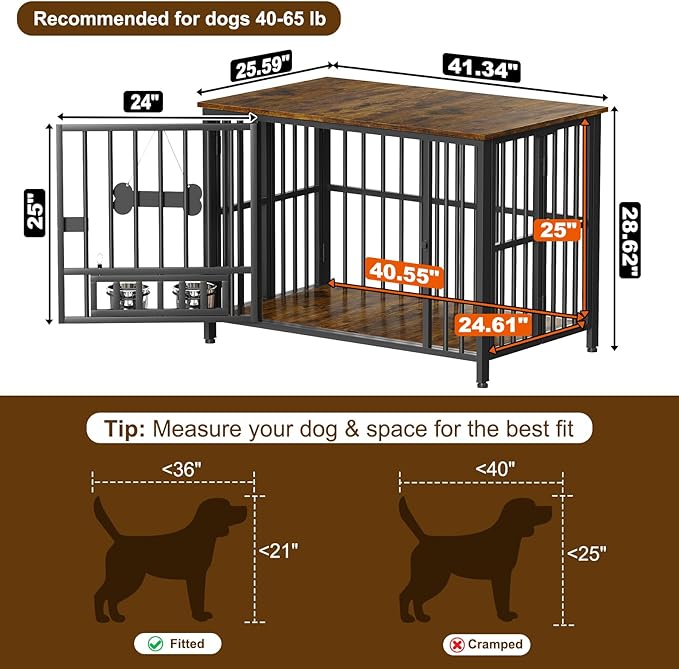 Easycom 41" Dog Crate Furniture Foldable, No Assembly Decorative Dog Kennel Indoor, Dog Crates for Large Dogs (40–65 lbs), Wooden Dog Cage with Adjustable Bowls and Name Tag, End Table, Rustic Brown-PawvioPets