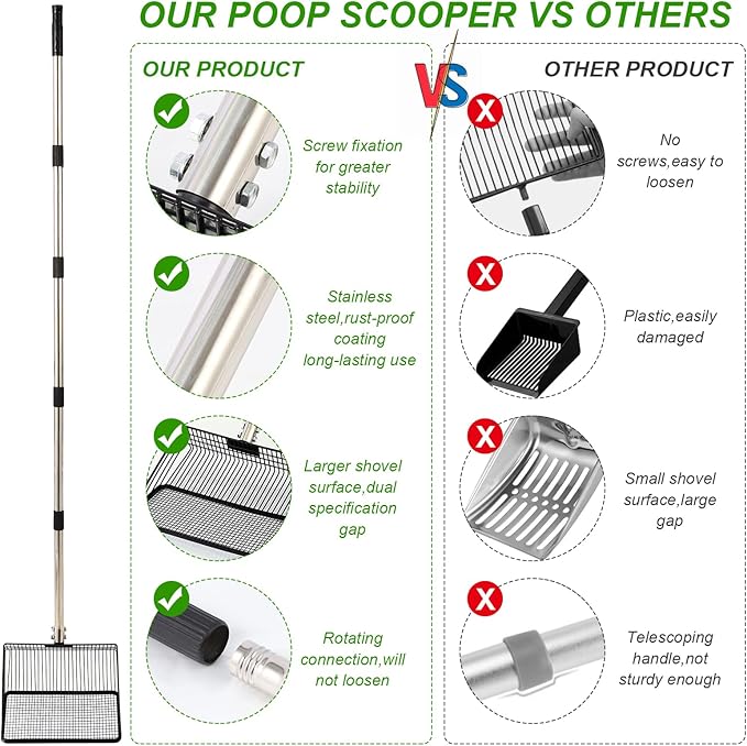 10inch Large Metal Chicken Poop Scooper, 36" to 75" Long Chicken Coop Litter Scoop with Stainless Steel Adjustable Handle, 4 in 1 Detachable Litter Sifting Shovel Scoop for Chicken Coop Accessories-PawvioPets