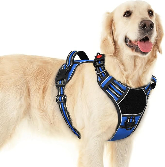 Eagloo Dog Harness for Large Dogs, Easy Wearing with 3 Buckles, Adjustable No Pull Pet Harness with 2 Rings for Walking, No Chock Reflective Soft Padded Vest with Control Handle, Blue & Black, L-PawvioPets