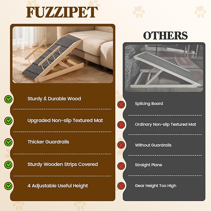 Dog Ramp for Bed, 47" Long Non-Slip Portable Pet Ramp for Small Large Dogs, Wooden Adjustable Dog Ramps for Bed, Couch, Car -Non Slip Carpet Surface and Foot Pads, Height from 12" to 24", Up to 200LBS-PawvioPets