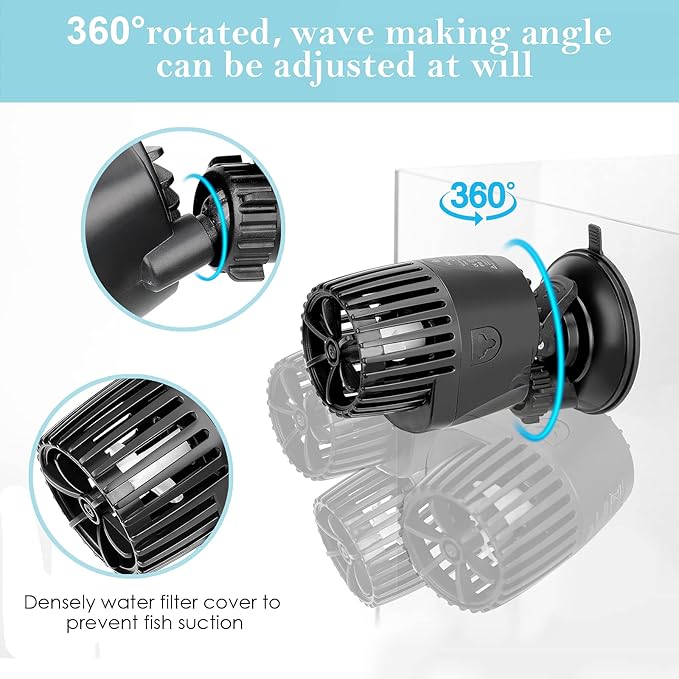 AQQA Aquarium Wave Maker,3W/5W/10W/15W Suction Cup Fish Tank Single Powerhead Pump，110V/60Hz Ultra Quiet Submersible Circulation Pump,360°Adjustable For Freshwater Saltwater Black-PawvioPets