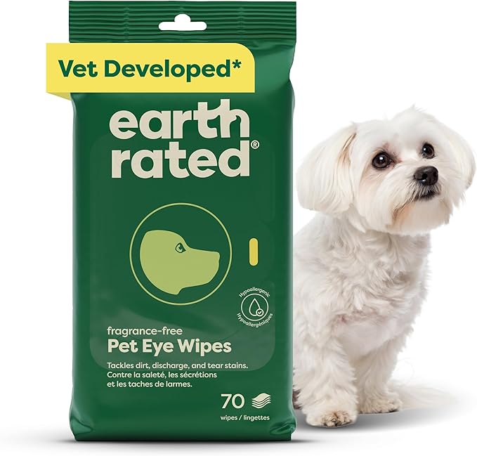 Earth Rated Vet-Developed Pet Eye Wipes, Hypoallergenic Cleaner for Dogs & Cats Eyes to Remove Dirt & Discharge, Fragrance Free, 70 Count-PawvioPets