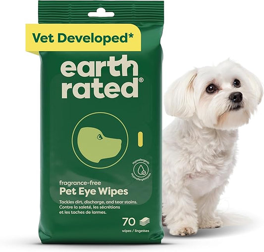 Earth Rated Vet-Developed Pet Eye Wipes, Hypoallergenic Cleaner for Dogs & Cats Eyes to Remove Dirt & Discharge, Fragrance Free, 70 Count-PawvioPets