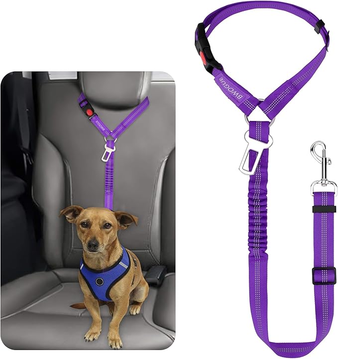 BWOGUE Pet Dog Cat Seat Belt Reflective Car Dog Headrest Restraint Leash Elastic Buffer Bungee Adjustable Tangle-Free Safety Leads Vehicle Seatbelt Harness for Small, Medium and Large Dogs (1 Pack)-PawvioPets