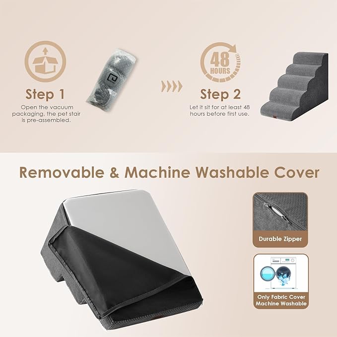 EHEYCIGA Curved Dog Stairs Ramp for High Beds, 5-Step Extra Wide Dog Steps for Small Dogs and Cats, Pet Stairs for High Bed Climbing, Non-Slip Balanced Pet Step Indoor, Grey-PawvioPets