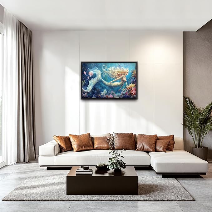 Extra Large Framed Mermaid Wall Art,Oversized Undersea Ocean Wall Decor,Colorful Coral Reefs Pictures for Living Room,Elegant Canvas Print Painting Modern Artwork Bedroom Bathroom 36L x 24W-PawvioPets