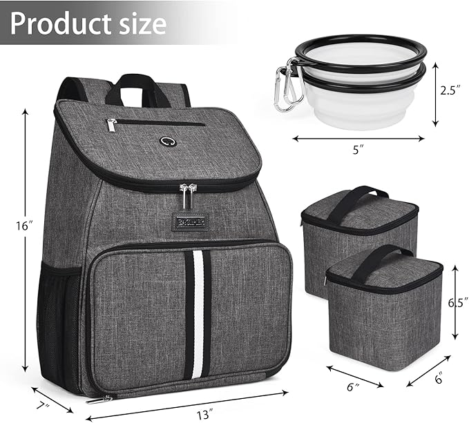 BAGLHER丨Dog Travel Bag, Airline Approved Pet Supplies Backpack, Dog Travel Backpack Accessories Set with 2 Silicone Collapsible Bowls and 2 Food Baskets, Gray-PawvioPets