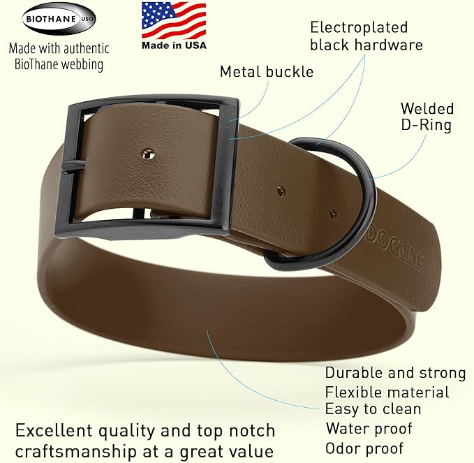 Dogline Biothane Waterproof Dog Collar Strong Coated Nylon Webbing with Black Hardware Odor- Proof for Easy Care Easy to Clean High Performance Fits Small Medium or Large Dogs, Dark Chocolate Brown-PawvioPets