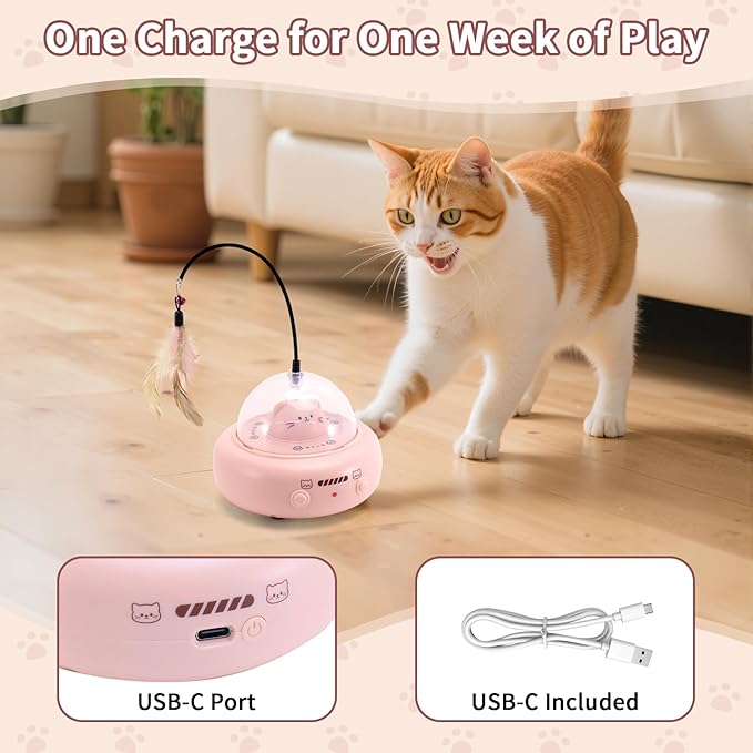Automatic Cat Toys with Feathers, Interactive Cat Toy for Indoor Exercise, Rechargeable Teasing Toys for Indoor Cats, USB Powered, Smart Standby&Obstacle Avoidance(Pink)-PawvioPets
