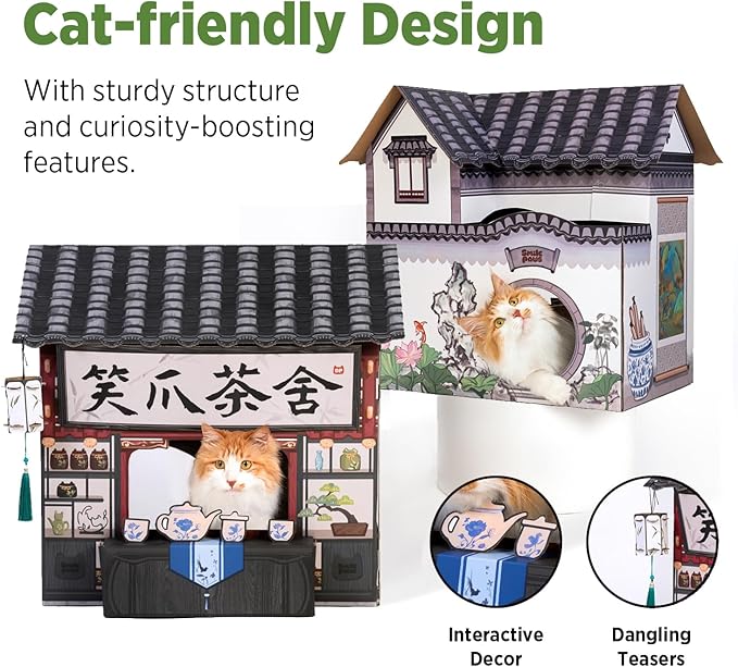 Cat Beds for Indoor Cats, Cardboard House with Scratchers, Tea House, Large Sturdy Cat Furniture Condo Cave Tent, Easy to Assemble Pet Toys Accessories Stuffs, Bunny Small Animals-PawvioPets