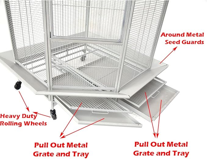 64" Extra Large Corner Bird Flight Breeding Wrought Iron Rolling Parrot Cage Side Solid Metal Plate Feed Doors Pull Out Removable Grate and Tray with Around Metal Seed Guard-PawvioPets