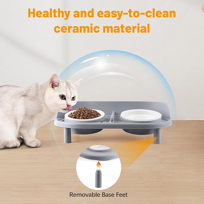 Elevated Cat Bowls, Tilted Rised Cat Food and Water Bowl with 2 Pcs Ceramic Pet Bowls, Rised Stand, Pet Dish Anti Vomiting Feeding Station for All Sized Cats & Small Dogs (Grey)-PawvioPets