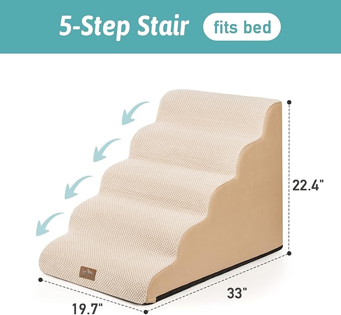 Extra Wide Dog Stairs 19.7" Width, Pet Step for Small Medium/Large Dog, Puppy or Cat, Pet Ramp for High Bed or Car, High Density Foam Ladder, Stable, 5 Step, 19.7x33x22.4 in, Beige-PawvioPets