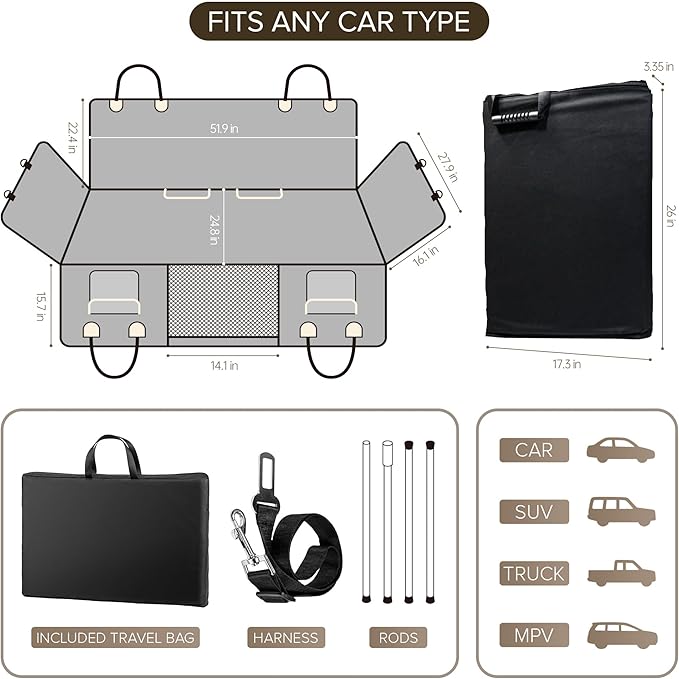 Back Seat Extender for Dogs, PVC Rods Support and Hard Bottom Car Seat Cover for Dogs, Heavy Duty Dog Car Seat Cover for Back Seat, Dog Hammock for Car, Waterproof Pet Bed For Car, SUV, Truck-PawvioPets