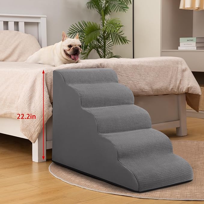 5-Step Dog Stairs and Ramp for High Bed, Non-Slip Sturdy Pet Steps for Small Dogs and Cats,22.2" H,Grey-PawvioPets
