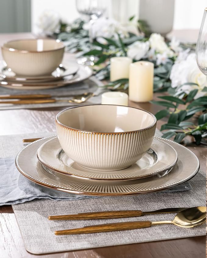 GBHOME Ceramic Dinnerware Sets,12 pcs Embossed Elegant Stoneware Plates and Bowls Sets, Housewarming Wedding Gift | Dishwasher & Microwave Safe | Dishes Set Service for 4-PawvioPets