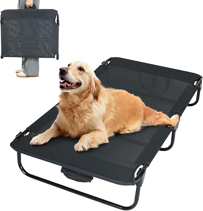 Elevated Dog Bed for Large Pet with No-Slip Feet, Foldable Portable Washable Raised Bed for Indoor&Outdoor Camping Dog Cot, with Cooling Waterproof Breathable Mesh (Large, Black-Textilene)-PawvioPets