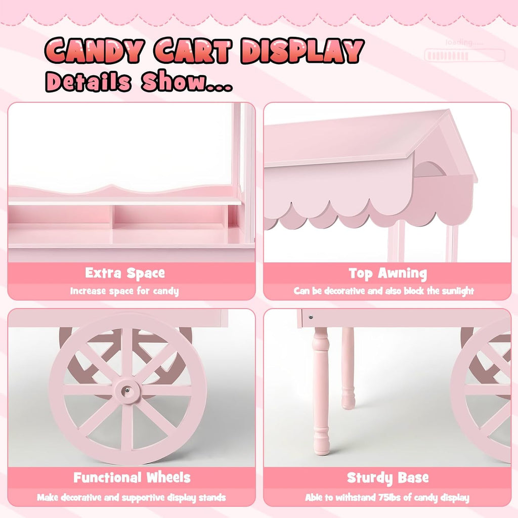 7FT Candy Cart Display Stand with Decorated Wheels, Dessert and Party Decoration Cart with 100 Ballons, Easy to Install Vintage for Parties, Birthdays, Weddings, (pink)