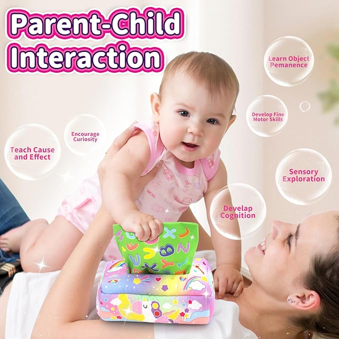 Baby Toys 6 to 12 Months - Tissue Box Toy, Tissue Learning Toys with Alphabet Number Color Sound, Baby Sensory Toy Gifts for 6 9 12 18 Months Old-PawvioPets