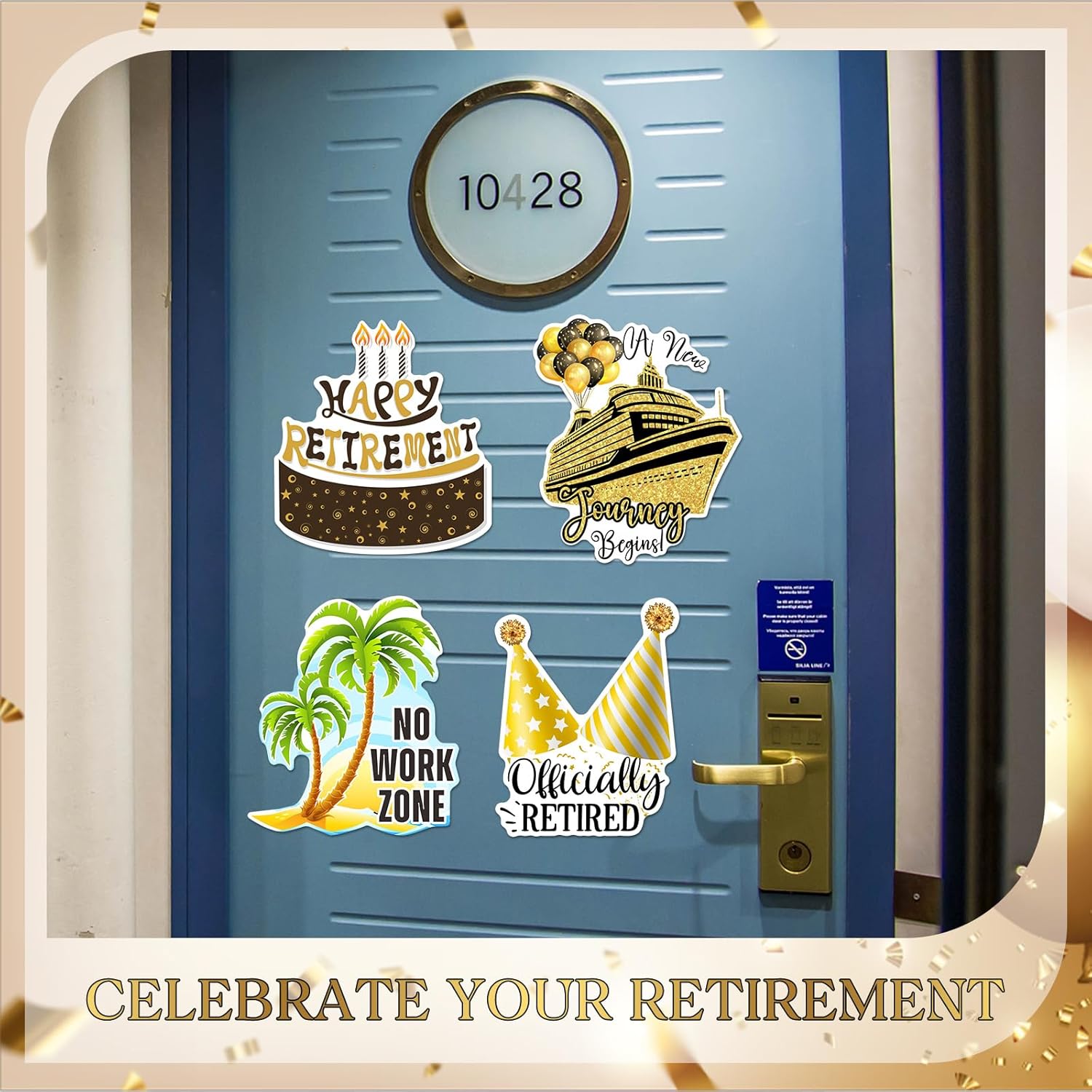 Hoteam 4 Pcs Retirement Cruise Door Decorations Magnetic Large Happy Retirement Cruise Ship Door Magnets Funny Waterproof Nautical Magnets for Carnival Cabin Stateroom Fridge Car
