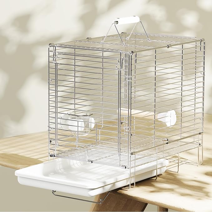 Bird Carrier Travel Cage - 304 Stainless Steel Portable Folding Bird Travel Cage with Parrot Feeder Cups & Standing Perch for Smaller Birds Conures Lovebird Cockatiel Parakeets (White)-PawvioPets